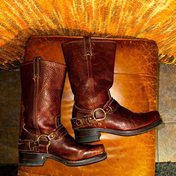 Frye Vintage Harness Cognac Brown Leather Boots 10 Square Toe - Picture 5 of 6